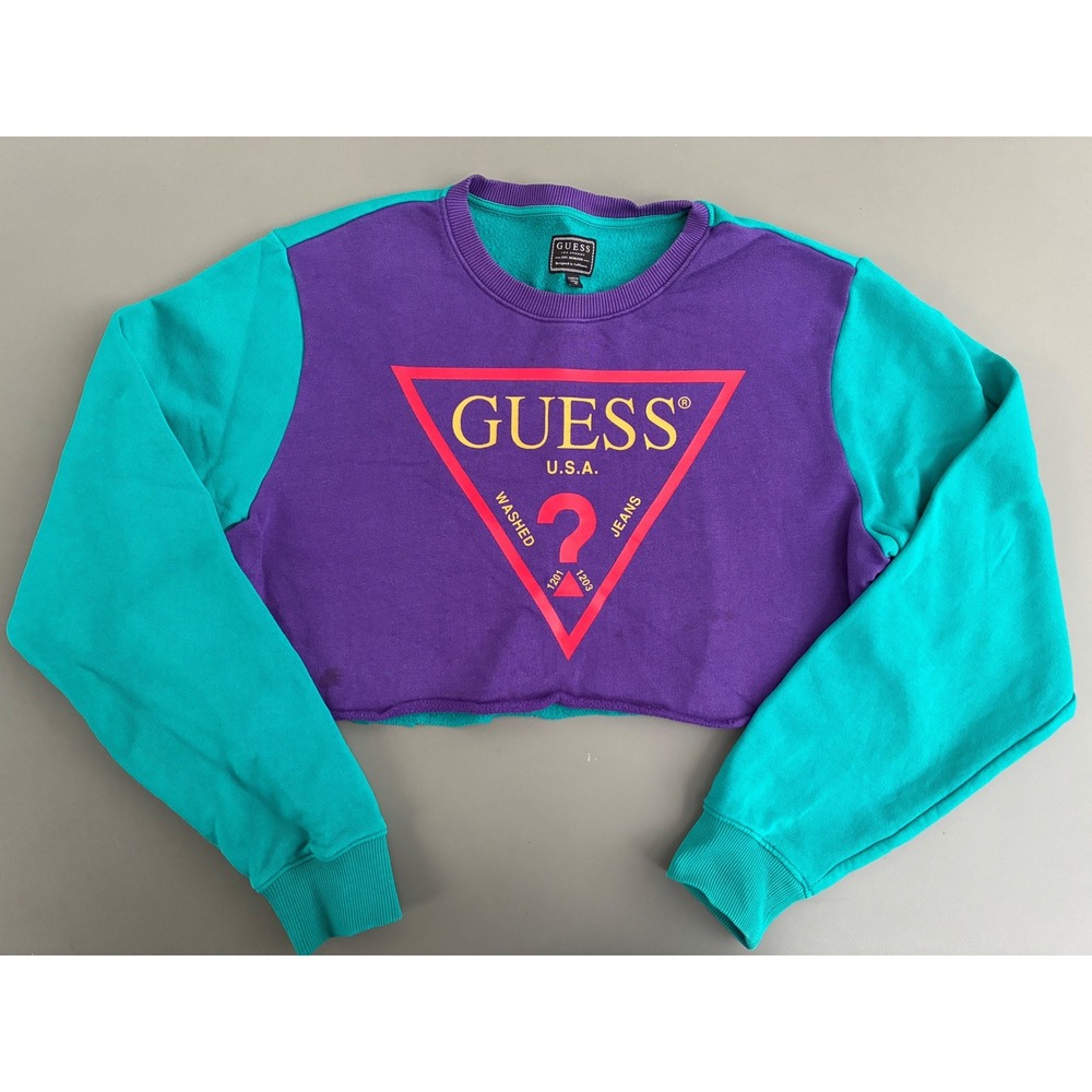Guess Los Angeles Vintage Cropped Sweatshirt Purple Teal Logo Pullover M 90s